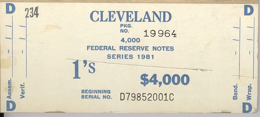 Fr.1911-D, BEP $4,000 Brick Packaging Label, 1981 Cleveland $1 FRNs, D-C Block
